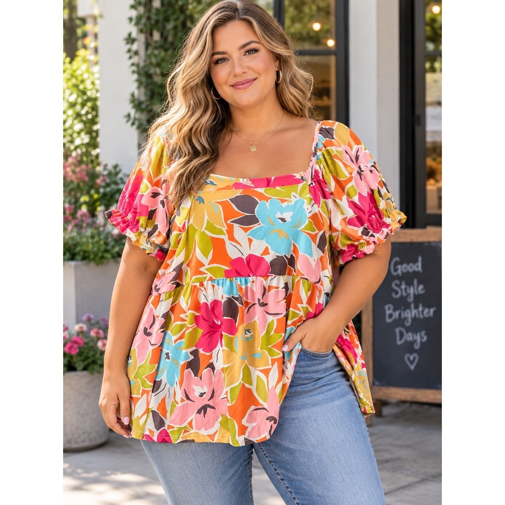 Emerald Floral Babydoll Top Womens 2X Orange Pink Blue Puff Sleeve